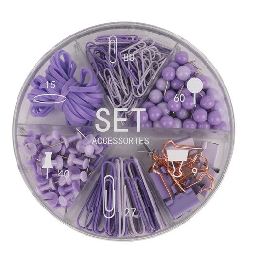 סט סיכות, לחצנים, אטבים  גומיות ונעצים ורוד סגול Sketch