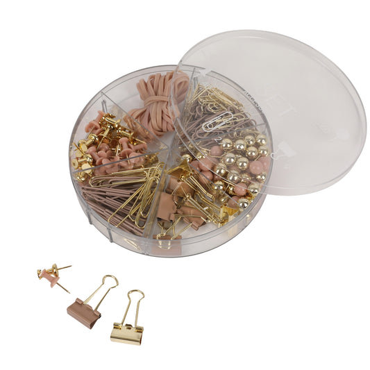 סט סיכות, לחצנים, אטבים  גומיות ונעצים ורוד זהב Sketch