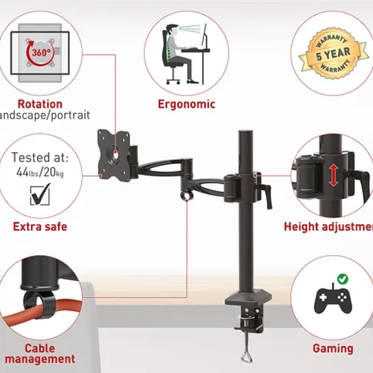 זרוע ברקן למסך מחשב Barkan SP61E שחור