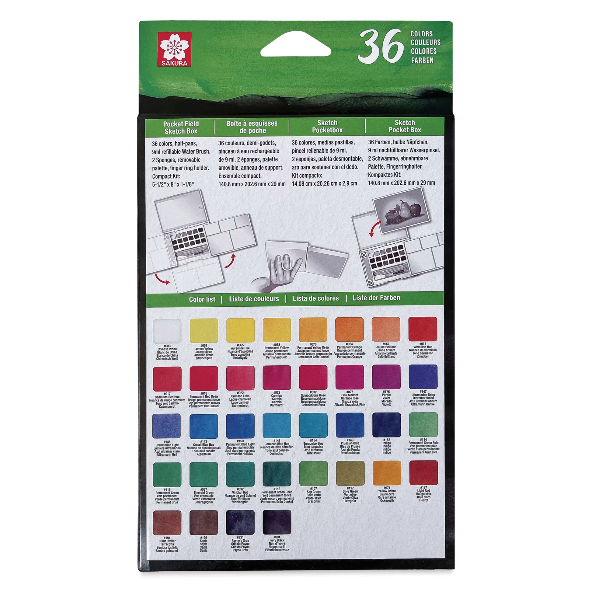 סט 36 צבעי מים ומכחול מיכל מיוחד - Sakura Koi set XNCW-48N