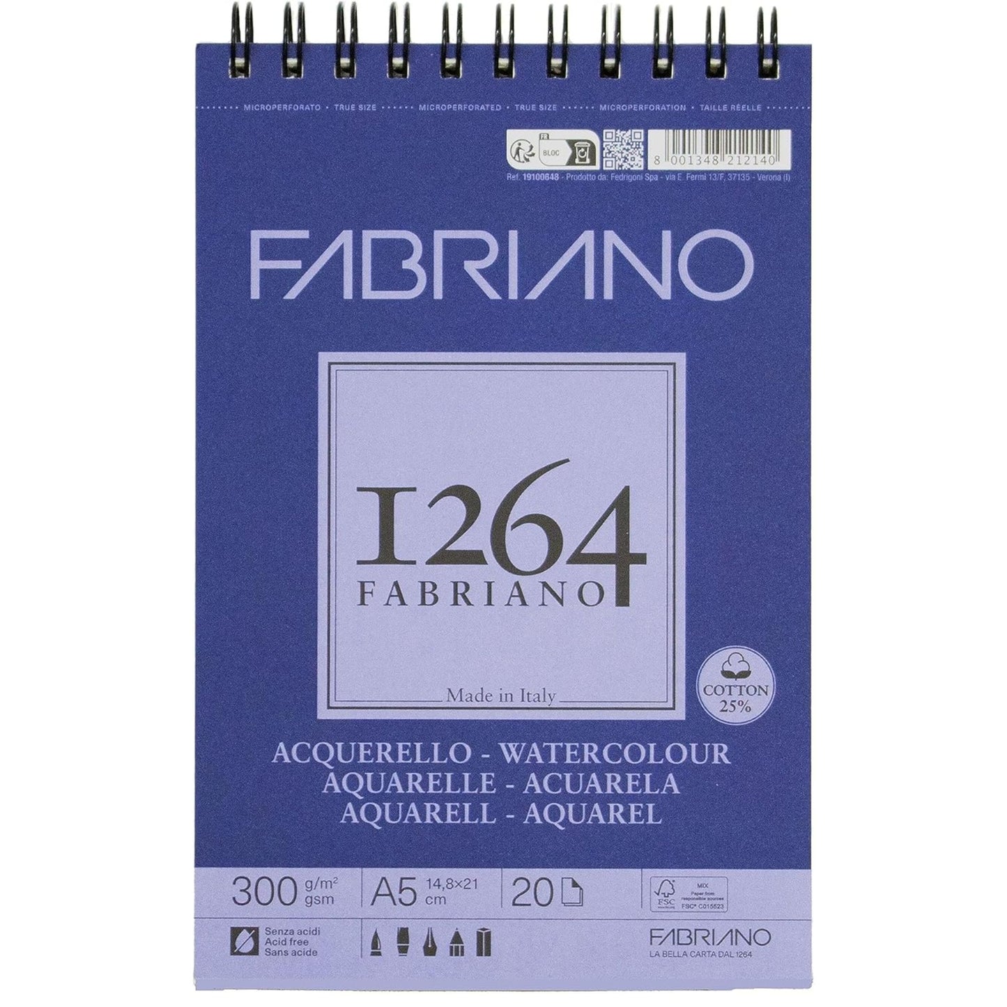 בלוק ציור מקצועי A5 ספירלה 19100648 300גרם Fabriano 1264