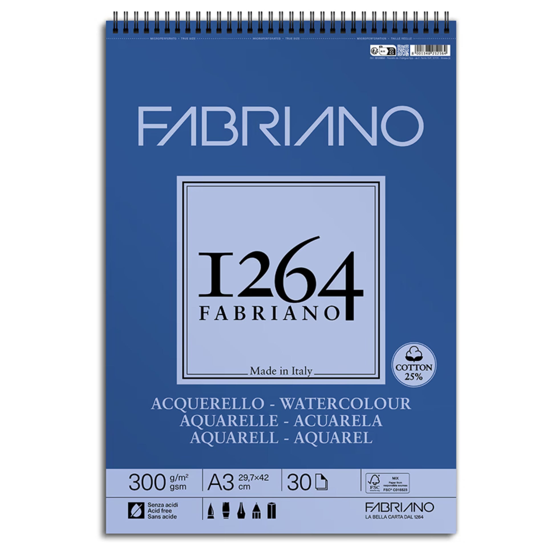 בלוק לצבעי מים אקוורל ספירלה 300 גרם, A3 - Fabriano 1264