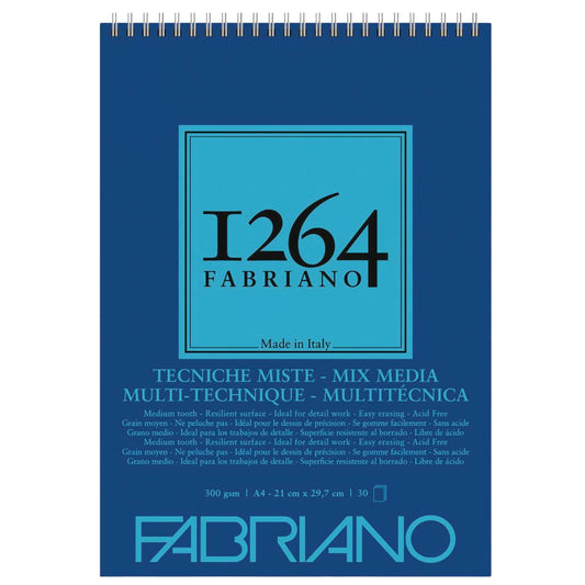 בלוק ציור Fabriano Mix Media 1264 מקצועי A4, המאפשר יצירה במגוון טכניקות בזכות נייר עבה ועמיד במיוחד