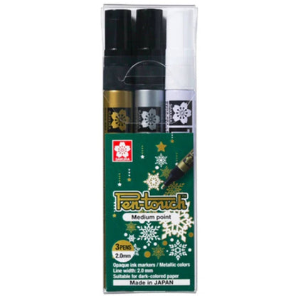 "סט 3 טושי פרמננט Sakura Xpfka-3CH2 M לסימון עמיד, המאפשר כתיבה ברורה ובולטת על משטחים קשיחים במשרד ובסדנה.