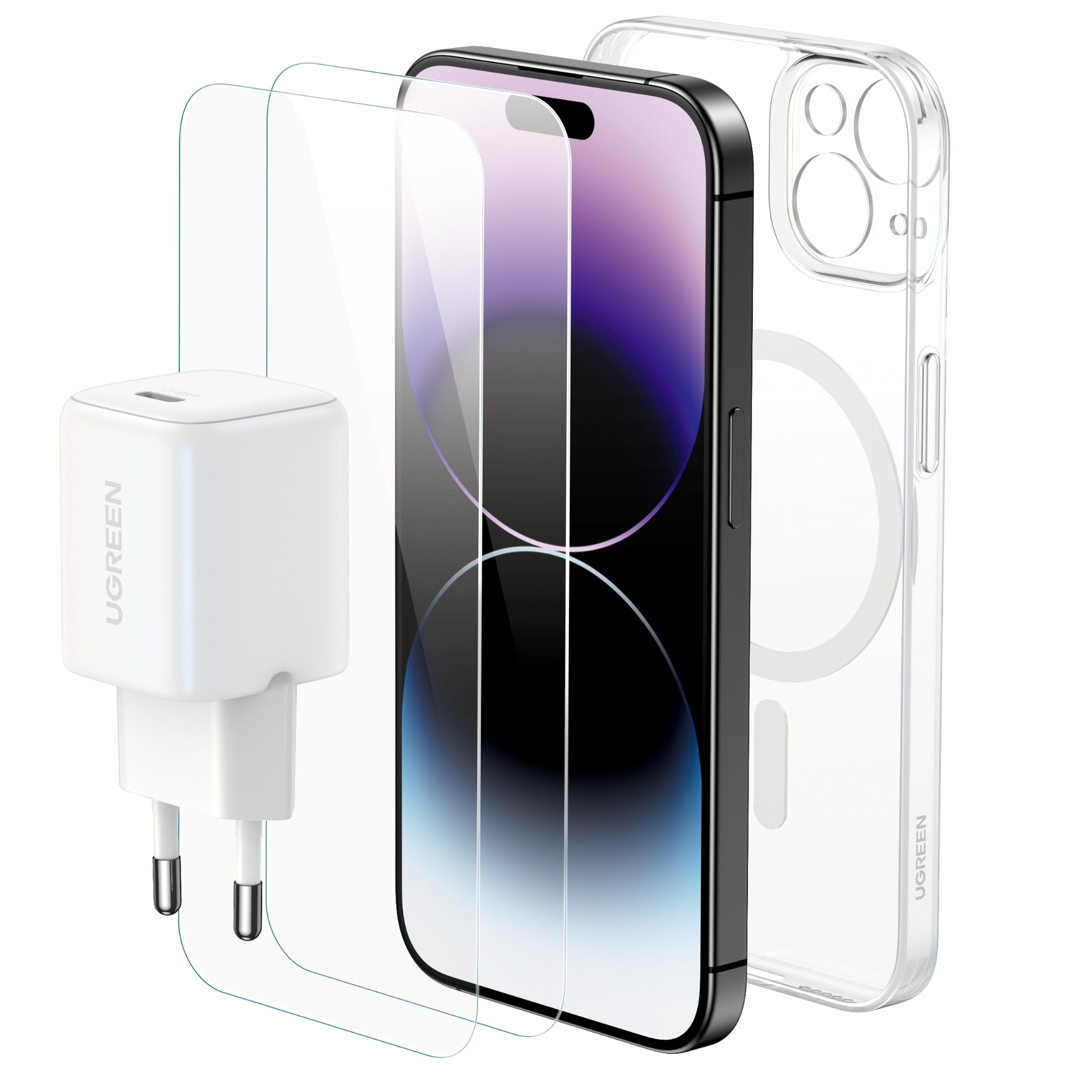 באנדל  iPhone 16 Pro Max הכולל: מטען קיר 30W + כיסוי Magsafe + זוג מגני מסך זכוכית