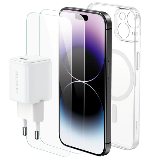 באנדל  iPhone 16 Pro Max הכולל: מטען קיר 30W + כיסוי Magsafe + זוג מגני מסך זכוכית