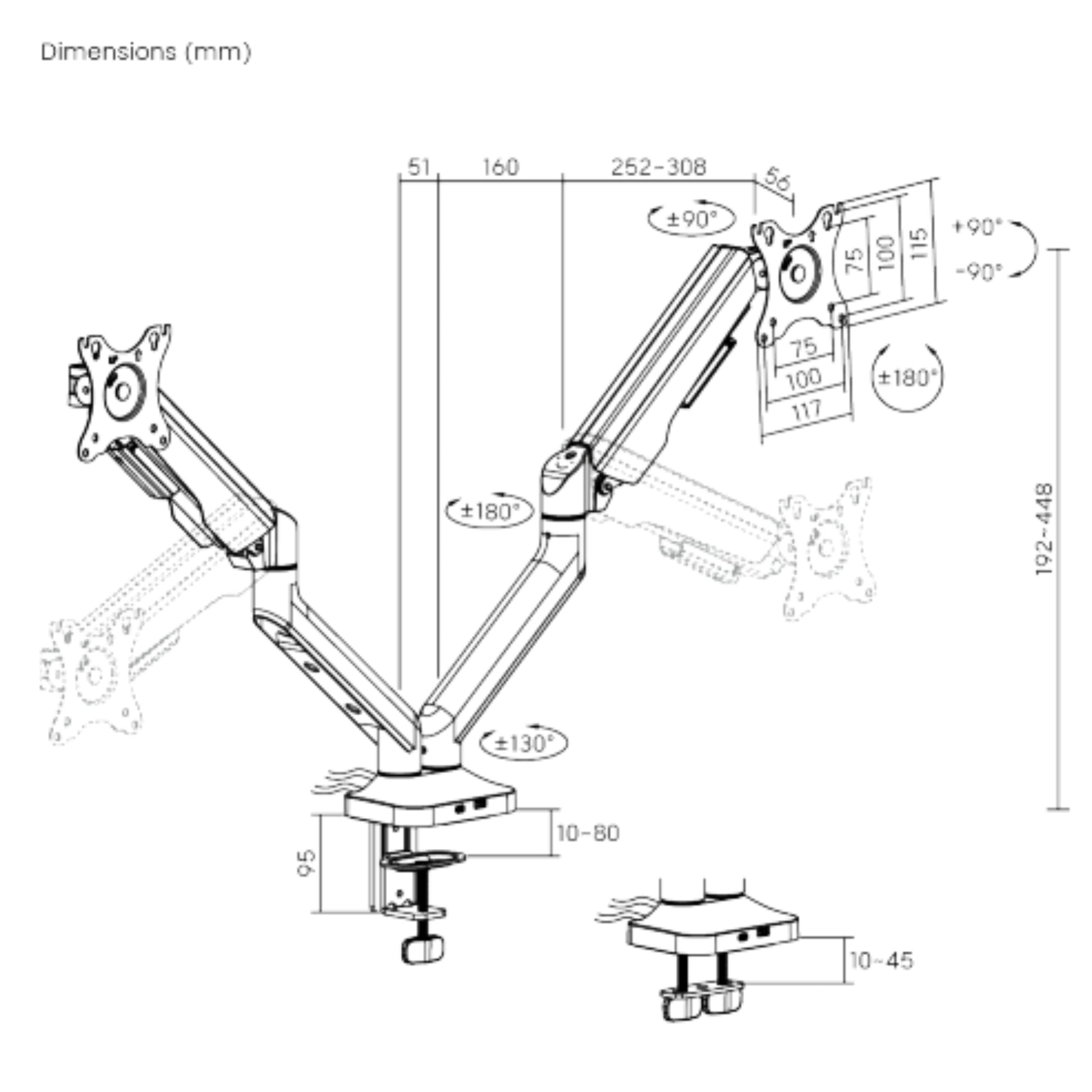 זרוע שולחנית לשני מסכים  17'-35' עם כניסת Lumi Type C+USB
