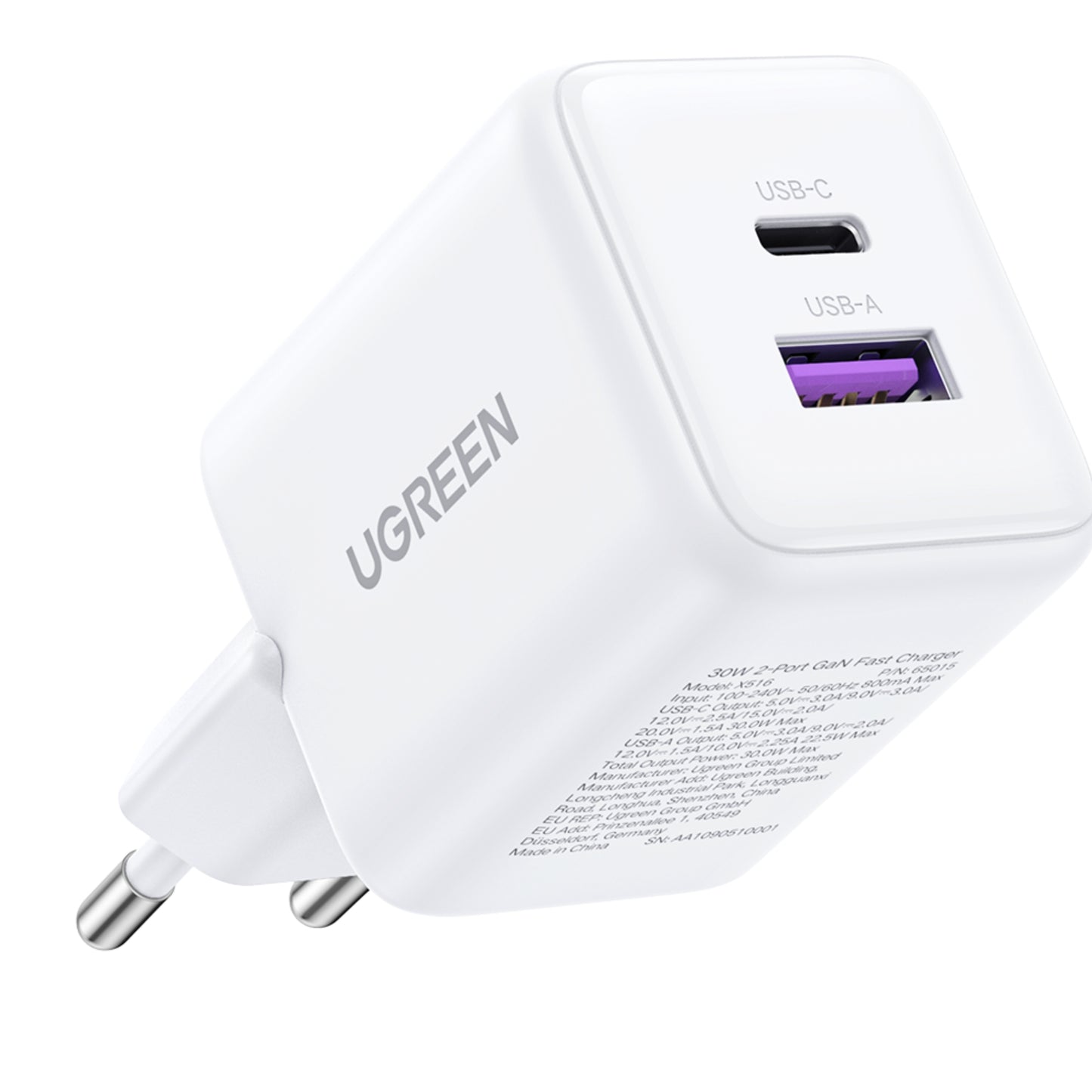 מטען קיר Ugreen 30w 2 port Gan Fast Charger לבן