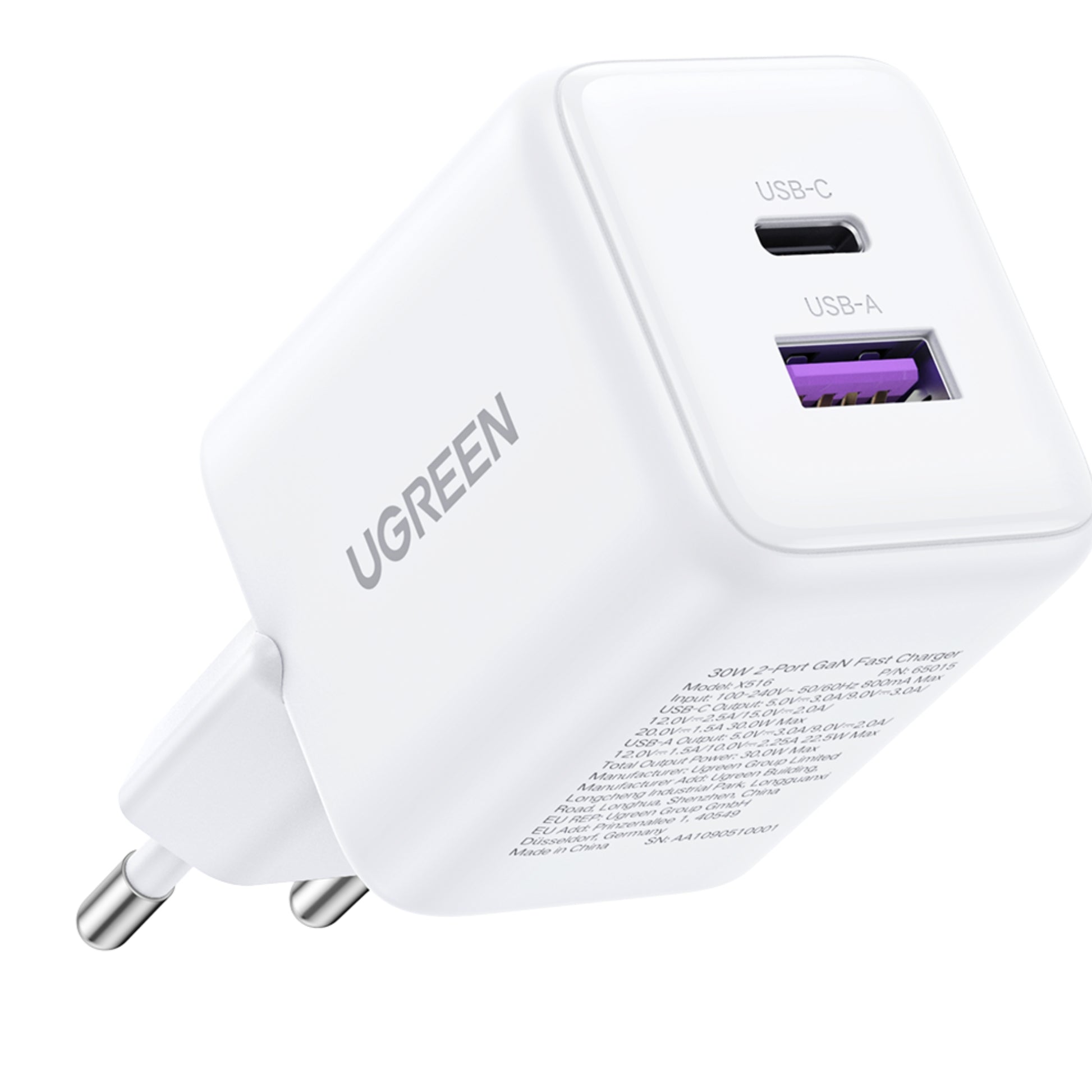 מטען קיר Ugreen 30w 2 port Gan Fast Charger לבן