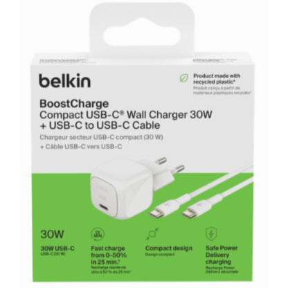 מטען קיר קומפקטי 30W USB-C כולל כבל 1מטר Belkin