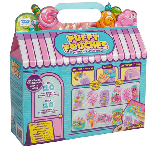 סט יצירה Puffy Pouches במהדורת 'חנות ממתקים', המאפשר לילדים לעצב ולייצר בעצמם נרתיקים תפוחים ומתוקים במיוחד בעיצובים מעוררי תיאבון.