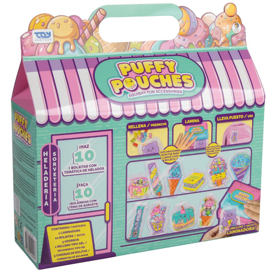 סט יצירה Puffy Pouches במהדורת 'גלידרייה', המזמין את הילדים לעצב ולייצר בעצמם נרתיקים תפוחים וצבעוניים בהשראת עולם הקינוחים הקפואים והמתוקים.