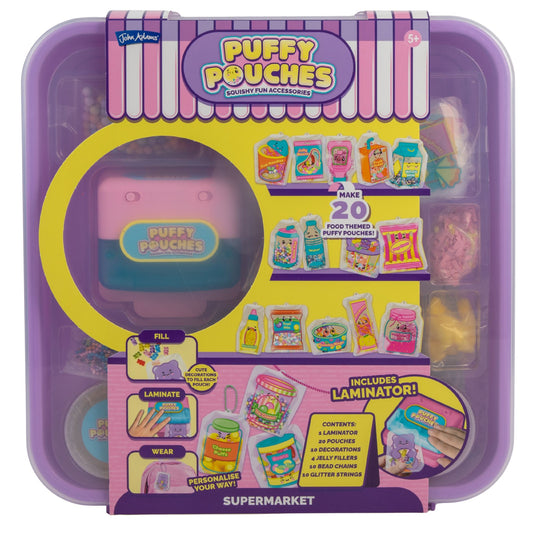 סט יצירה Puffy Pouches במהדורת 'סופרמרקט', המזמין את הילדים לעצב ולייצר נרתיקים תפוחים ומדליקים בהשראת מוצרי המכולת והמותגים האהובים.