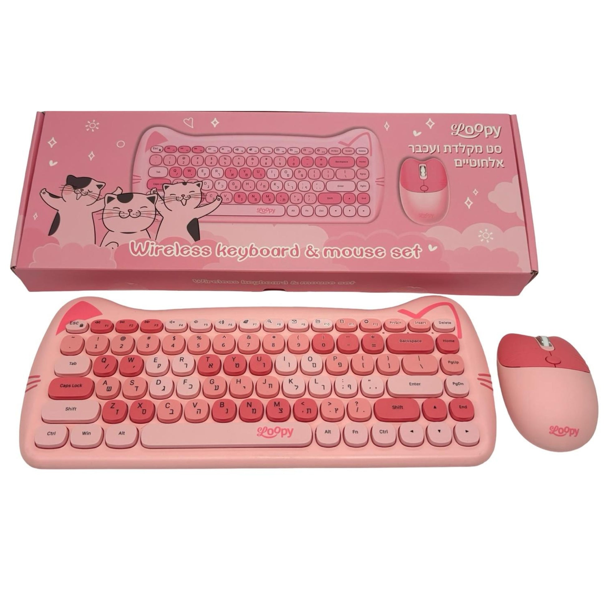 סט מקלדת ועכבר אלחוטיים בצורת חתול  Loopy