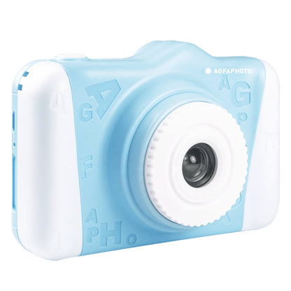 מצלמה דיגיטלית לילדים AgfaPhoto Realikids 2 בצבע תכלת לפעילות פנאי ויצירה, המעניקה לילדים הזדמנות לתעד את עולמם בשיטת Point & Shoot קלה ומהנה המותאמת במיוחד לידיים קטנות