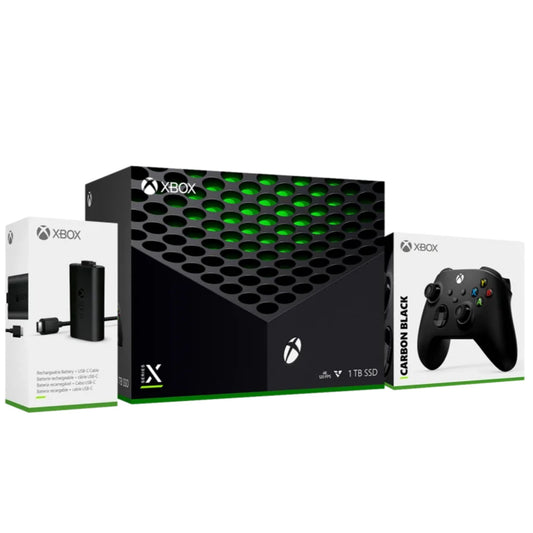 באנדל Xbox Series X עם מטען ובקר נוסף, המעניק חוויית גיימינג שלמה ורציפה ללא הפסקות.