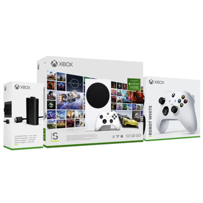 באנדל קונסולת Xbox Series S Starter Edition הכולל שני בקרים, מנוי Game Pass ומטען להתחלת חוויית גיימינג מלאה.