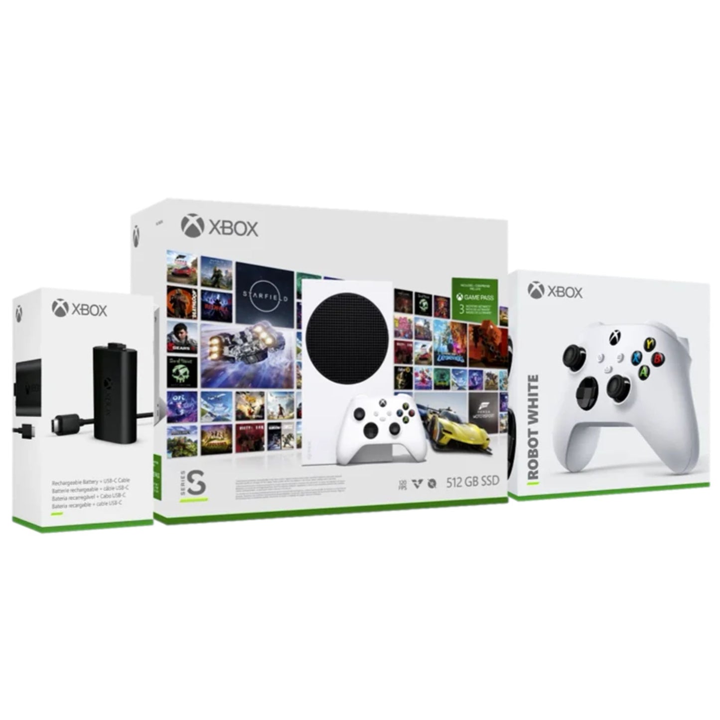 באנדל קונסולת Xbox Series S Starter Edition הכולל שני בקרים, מנוי Game Pass ומטען להתחלת חוויית גיימינג מלאה.