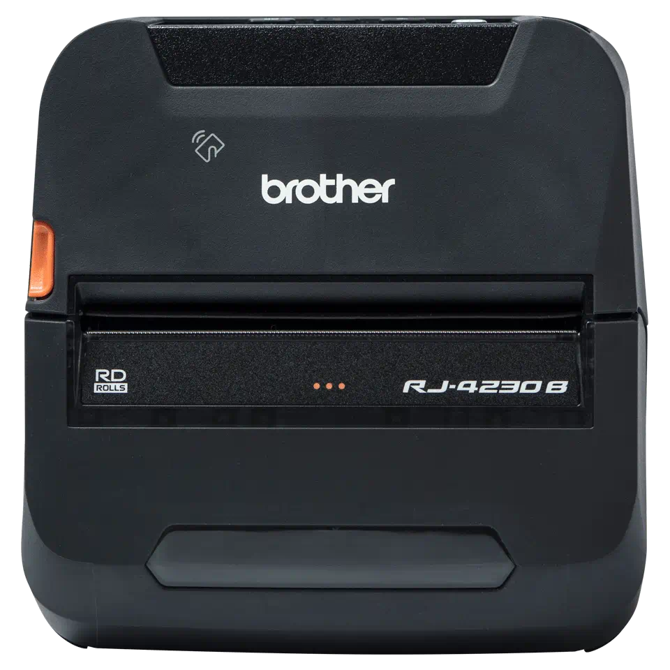 מדפסת מדבקות תרמית ניידת Brother RJ-4230B (רוחב 4 אינץ'), המציעה עמידות יוצאת דופן וביצועים גבוהים להדפסת תוויות רחבות בתנאי שטח מאתגרים.