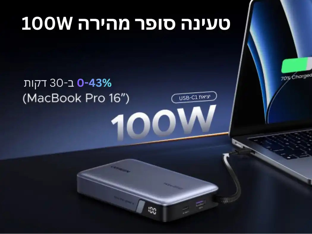 סוללת גיבוי 145w 20000mah עם כבל Type-c אפור Ugreen