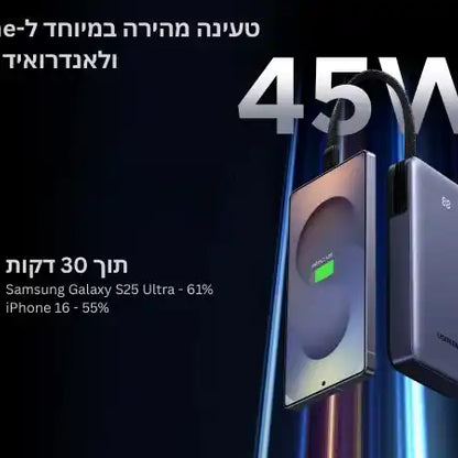סוללת גיבוי 20000mah 45w עם כבל מובנה שחור Ugreen