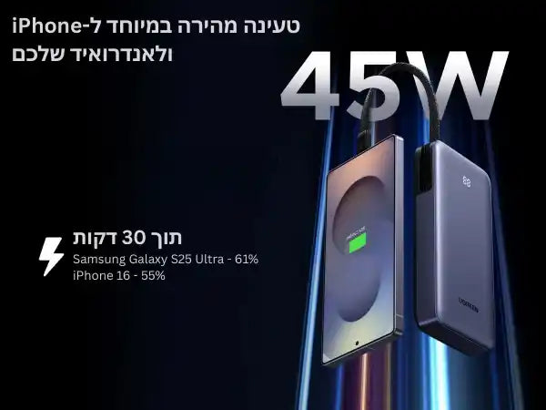 סוללת גיבוי 20000mah 45w עם כבל מובנה שחור Ugreen