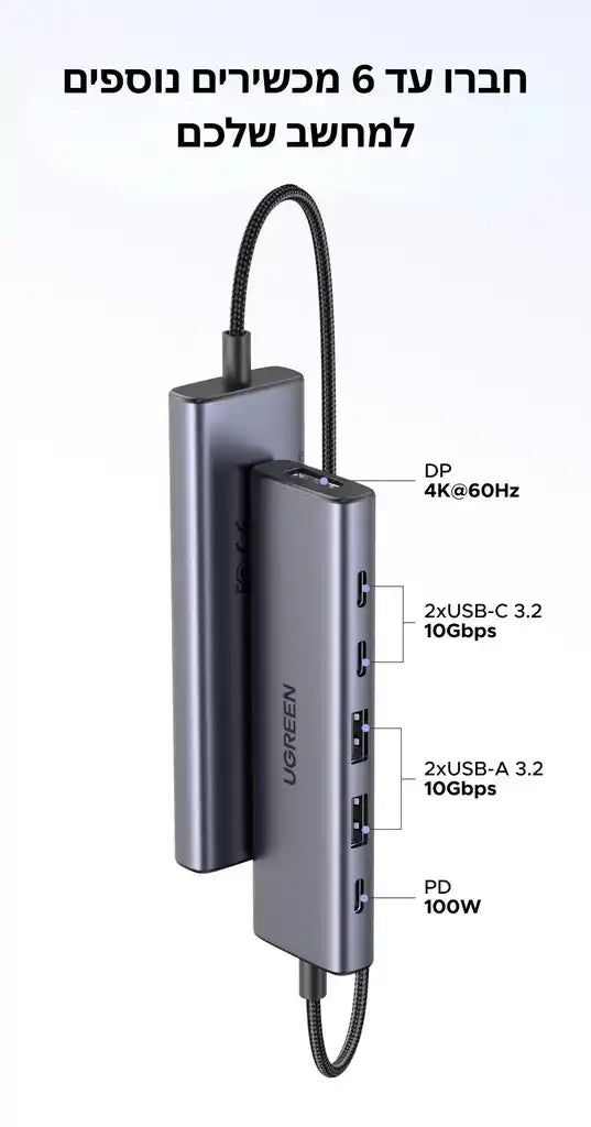 מולטיפורט Ugreen 6-in-1 USB-C Hub/DP 2C2A/PD 100W אפור