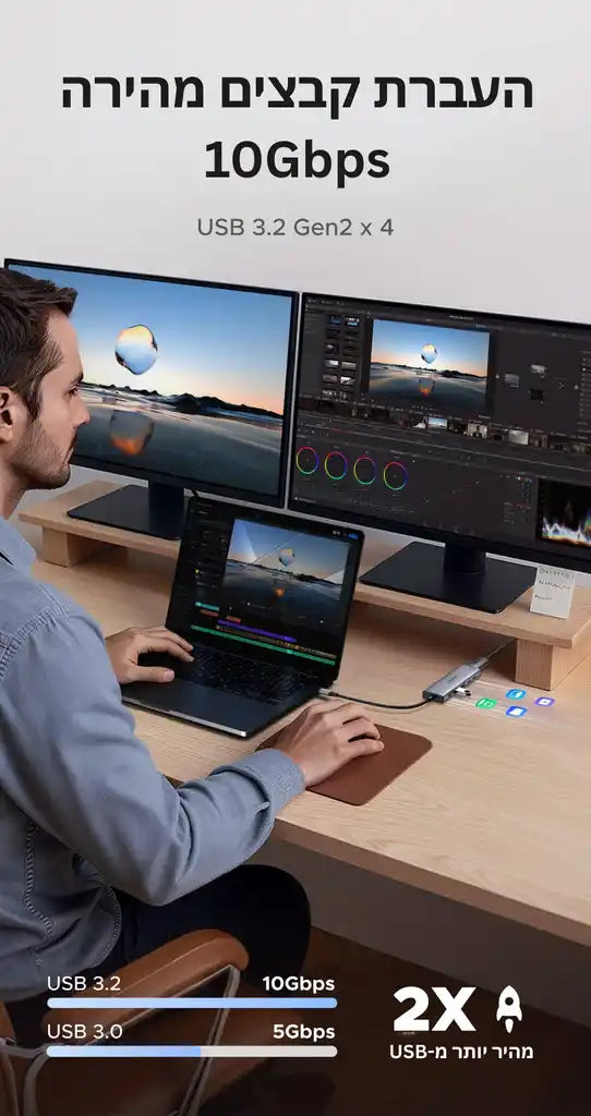 מולטיפורט Ugreen 6-in-1 USB-C Hub/DP 2C2A/PD 100W אפור