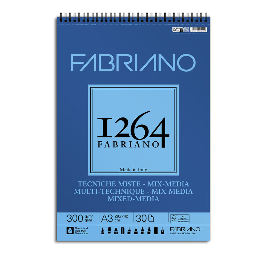 בלוק ציור מקצועי Fabriano 1264 Mix Media A3 – 300g