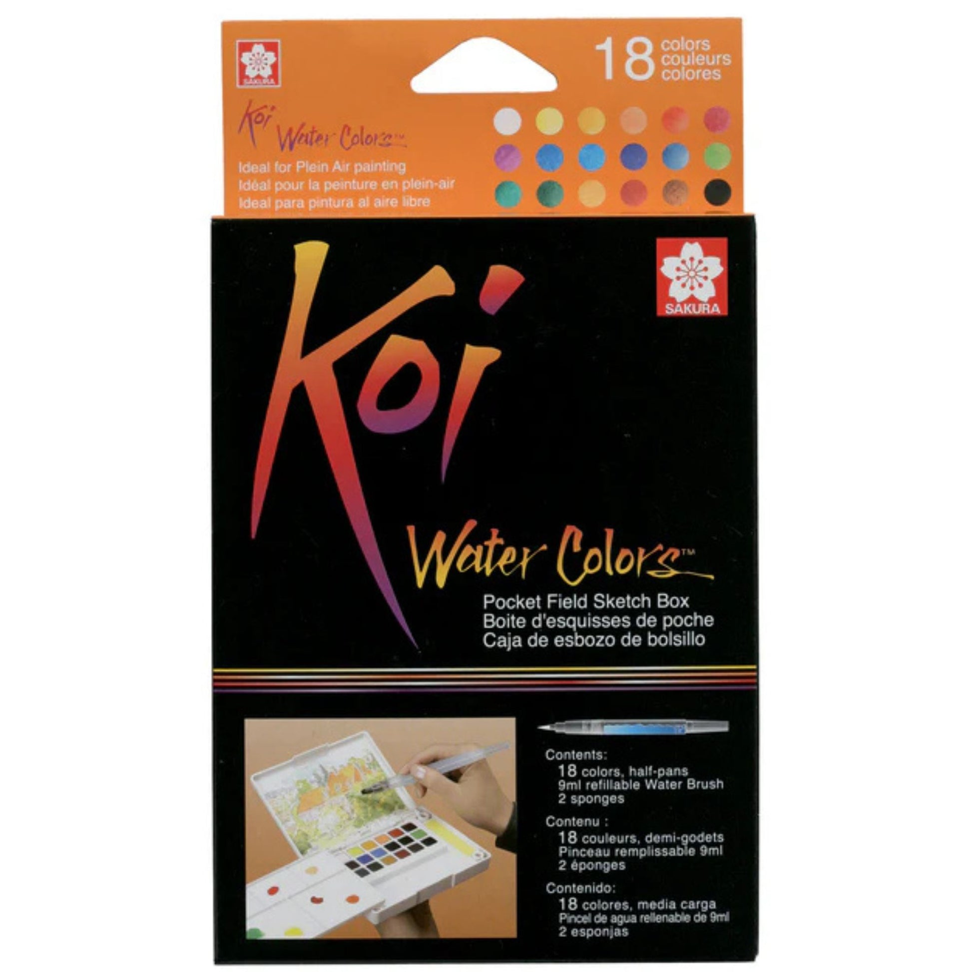 סט 18 צבעי מים מכחול ומיכל מים - Sakura Koi set XNCW18N