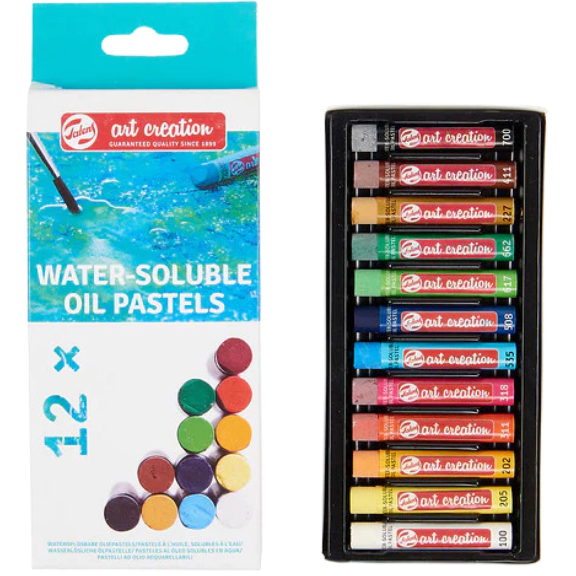 סט 12 פסטל שמן Talens Art Creation מסיס במים, המאפשר שילוב טכניקות ציור ויצירת אפקטים של צבעי מים בקלות.