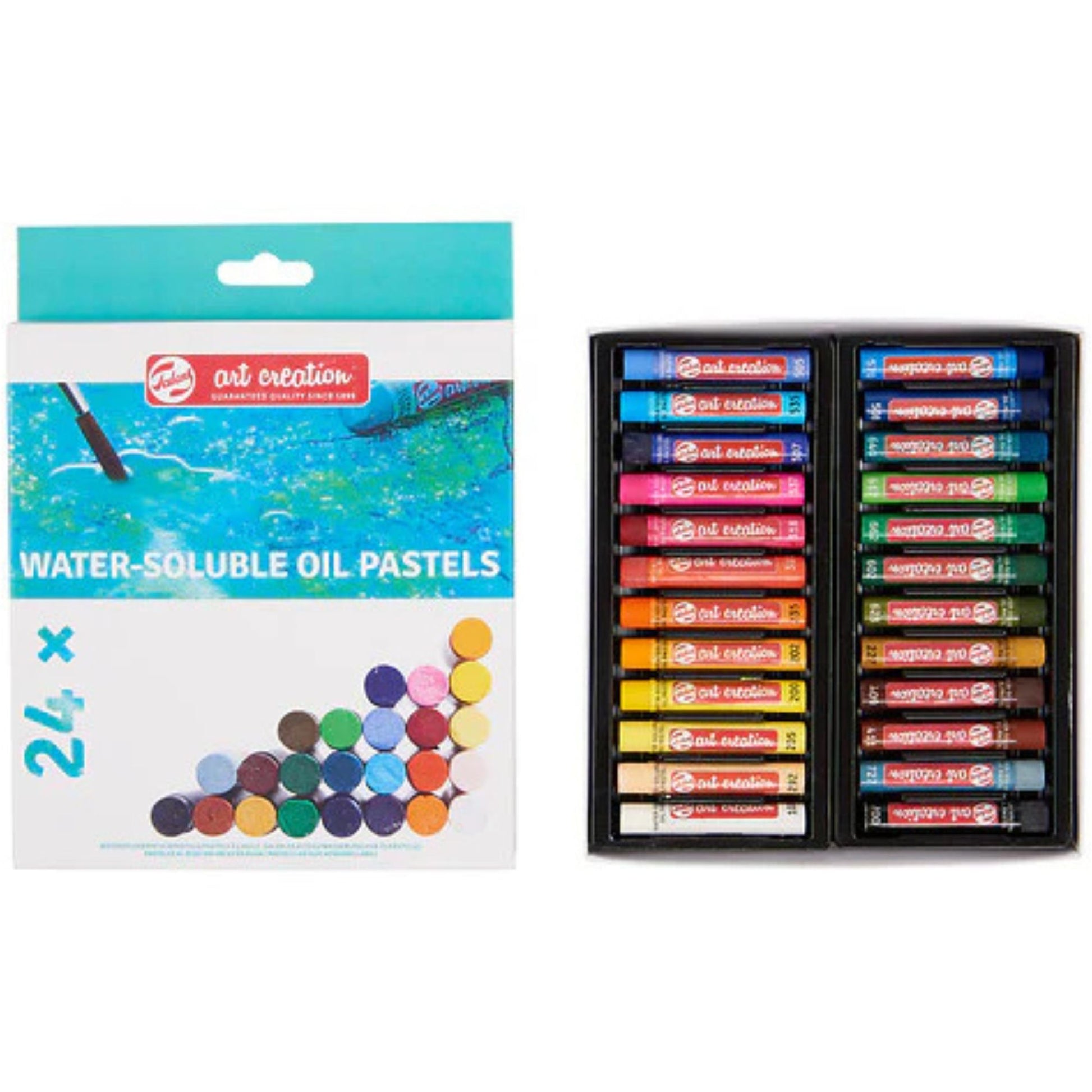"סט 24 גווני פסטל שמן Talens Art Creation מסיסים במים, המציע מגוון צבעים עשיר ליצירת אפקטים אמנותיים ומיזוג צבעים גמיש