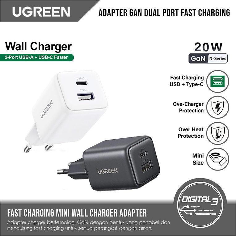 מטען קיר Ugreen X514 20W GaN – קומפקטי, כפול ומהיר במיוחד