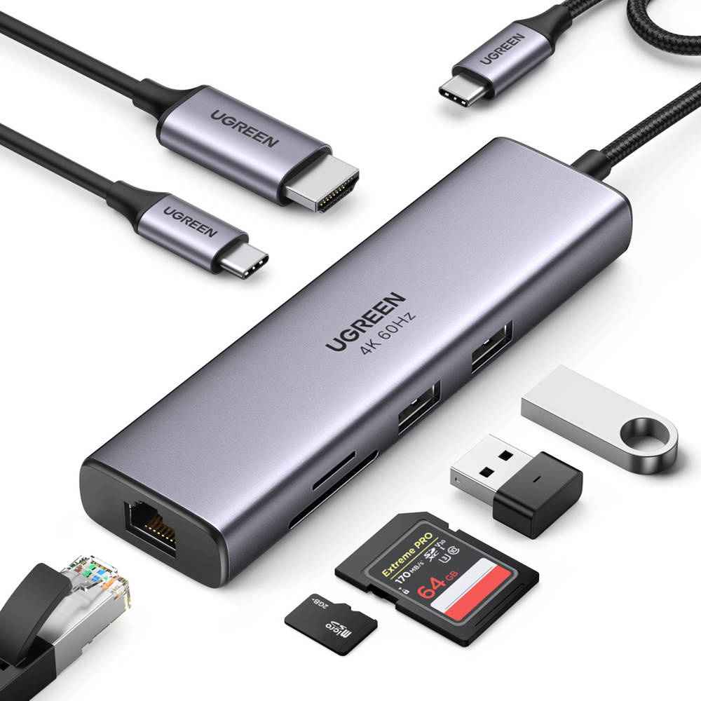 מולטיפורט 7in 1 1C2A+HDMI+RJ45+SD/TF אפור UGREEN